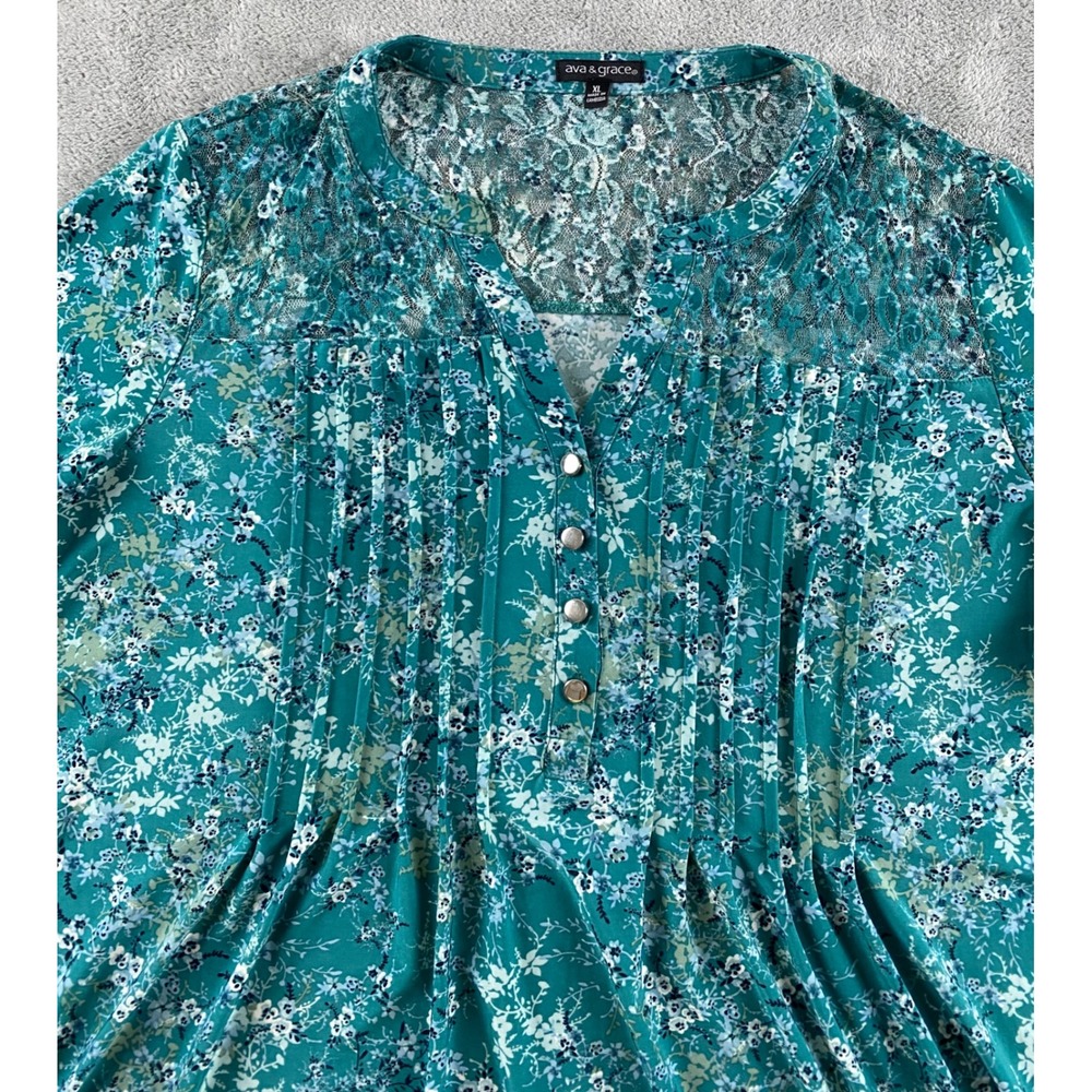 Ava & Grace Womens XL Teal Floral Pintuck Lace Yoke 3/4 Roll Tab Sleeve Blouse - Picture 2 of 14